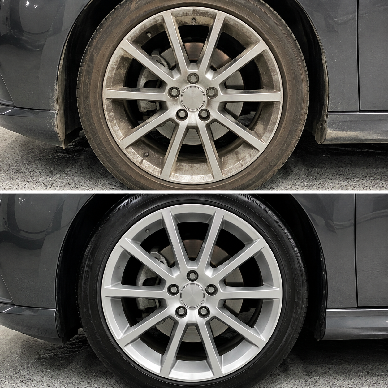 Generated wheel and tire detailing concept with before on top and after on bottom